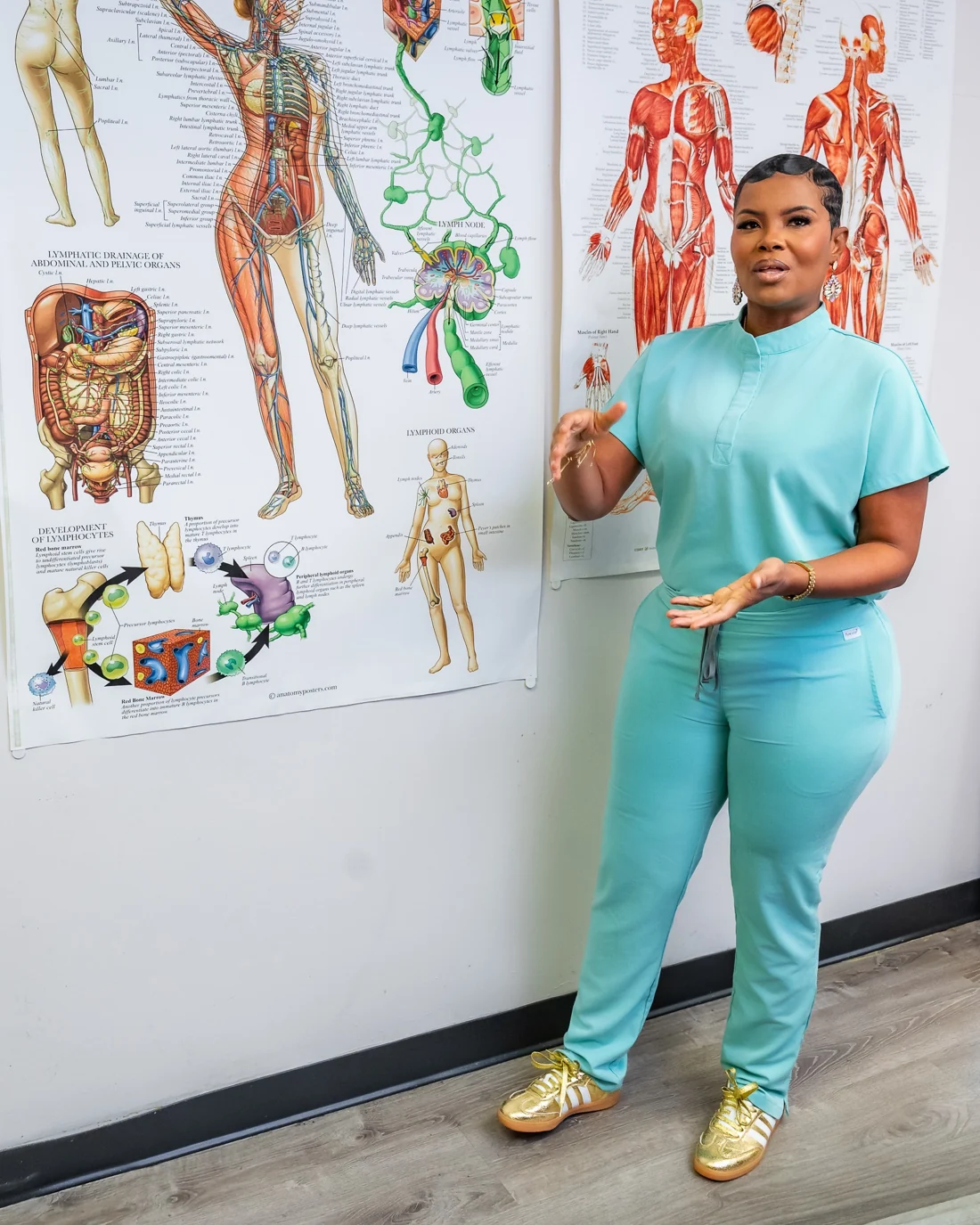 Elite practitioner explaining care beside anatomical charts